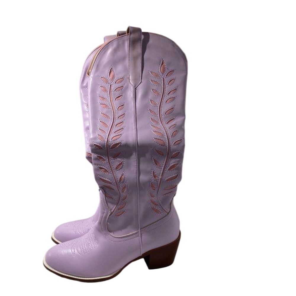Lavender Pink Western Cowboy Boots Women Size 9 EU 39 Leaf Cutout Block Heel